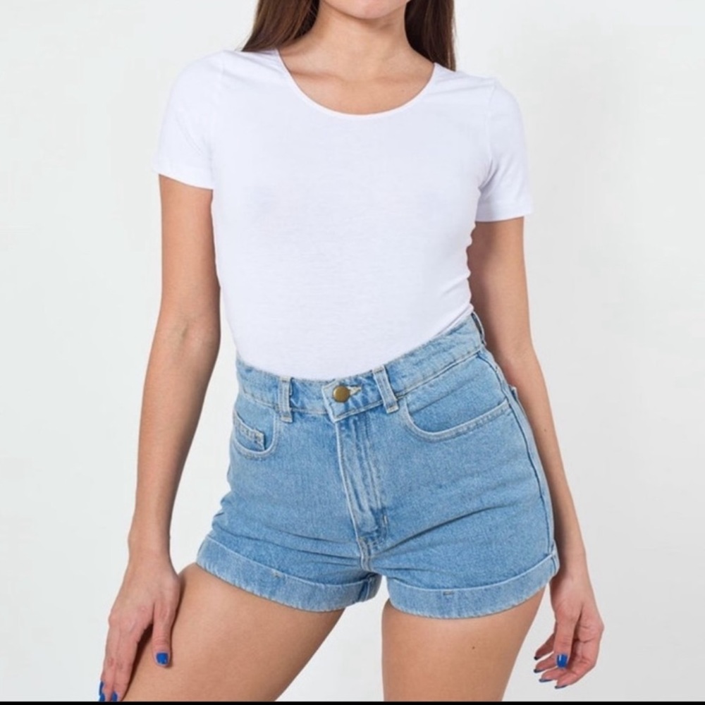 American Apparel High Rise Hi Waisted Denim Cuffed Jean Shorts Summer Wash Blue